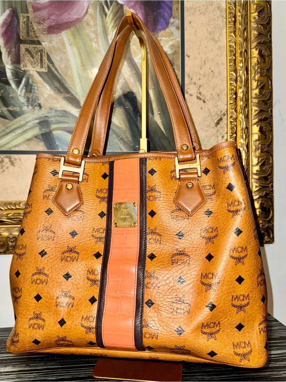 MCM Cognac Visetos Tote w Orange croc embossed Stripe limited edition - GUC - Picture 3 of 16